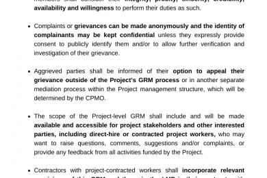 The Grievance Redress Mechanism (GRM) is designed to seek and generate feedback from and to project stakeholders and address problems, issues, or complaints related to project activities, and project environmental and social performance.