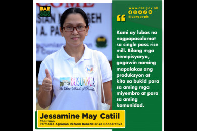 Nagpahayag ng pasasalamat si Chairman Jessamine May Catiil sa DAR sa pagbibigay ng single pass rice mill sa kanilang kooperatiba.